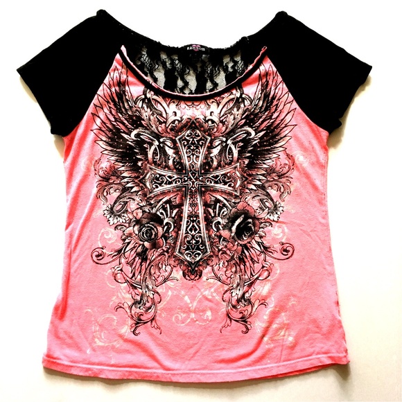 Ransom Tops - *3/$25* Neon Pink Black Lace Cross Tee